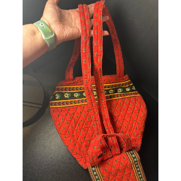 Vintage Red Quilted Cotton Backpack Purse Folk Floral Drawstring Tote Bag 13" - Picture 9 of 9